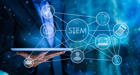Business STEM concept. Science Technology Engineering Math education web icon. Man offer stem word...