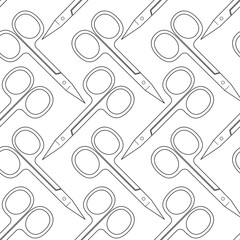 Pattern of scissors for manicure and pedicure. Vector texture. Thin line symbol. Design for banner, flyer, poster or print, websites, web design, mobile app on white background.