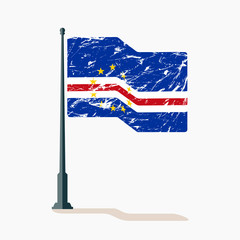 Cape Verde flag with scratches, vector flag of Cape Verde waving on flagpole with shadow.