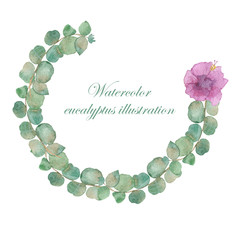 Watercolor hand painted nature romantic holiday celebration circle frame with green eucalyptus branches and leaves and lavender hibiscus blossom flower on the white background with the text