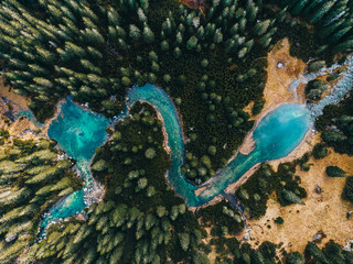 Dron volando sobre un río con agua en forma de pez entre bosque con  árboles en la montaña