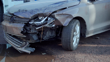 Fototapeta na wymiar car crash accident on street, damaged automobiles after collision in city
