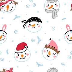Vector Seamless Pattern with Cute Snowman Faces. Winter Holiday Background with Cartoon Funny Doodle Snowman Heads. Christmas and New Year Design