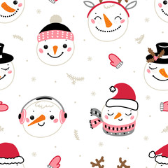 Seamless Vector Pattern of Cute Snowman Faces. Winter Holiday Background with Cartoon Funny Doodle Snowman Heads. Christmas and New Year Design
