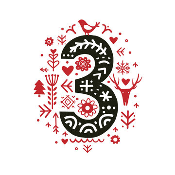 Fototapeta Creative number 3 with folk motives scandinavian