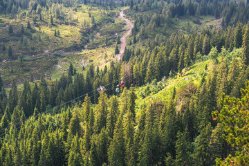 Seilbahn zur Steinplatte von oben. Umrahmt von Nadelbäumen und einer rohen Natur