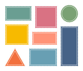 Set colorful blank postage stamp.Toothed border mailing postal sticker template. Vector graphic design