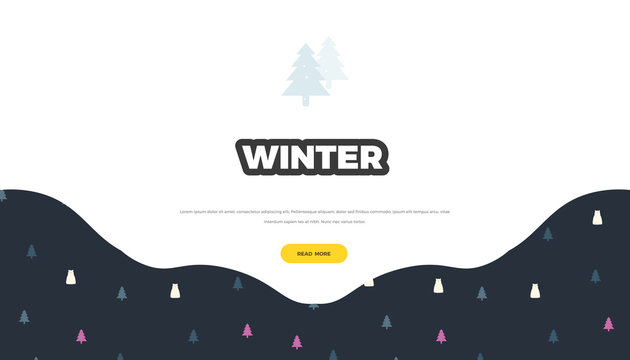 Winter Christmas website template. Retro style vector banner background, cute design with pine trees forest and polar bears for poster or web page