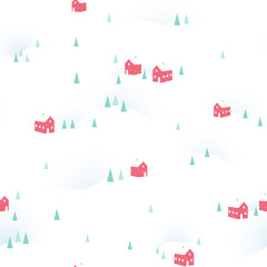 Winter seamless pattern. Christmas vector background, cute template with snow, pine trees and village houses for wrapping paper, web design, patchwork, sewing or sheet fabric