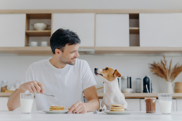 Fototapeta na wymiar Handsome brunet male looks gladfully at his pet, has sweet dessert for breakfast, enjoys weekend has good relationship with pet pose at kitchen interior in modern apartment. People, nutrition, animals