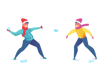 Vector flat young men santa hat snowballing