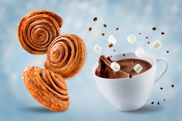 Christmas background with gingerbread cookies, hot cocoa or chocolate drink with marshmallow, christmas tree gift and cookies or buns