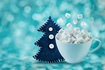 Christmas background with gingerbread cookies, hot cocoa or chocolate drink with marshmallow,...
