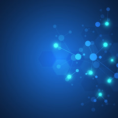 Abstract background of molecular structures. Molecules or DNA strand, genetic engineering, neural network, innovation technology, scientific research. Technological, science and medicine concept.