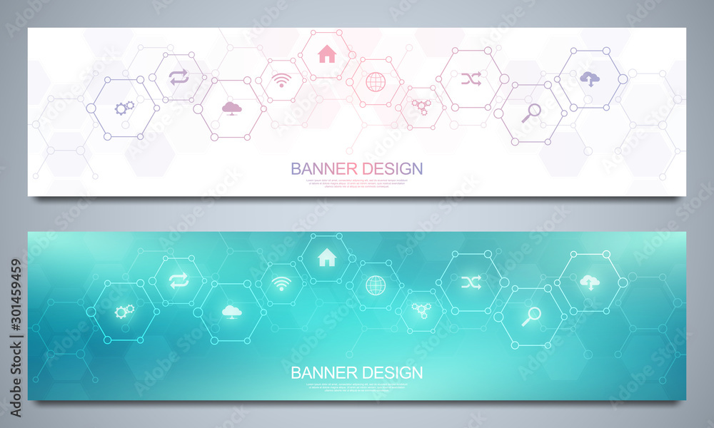 Poster banners design template for technological decoration with flat icons and symbols. concept and idea f