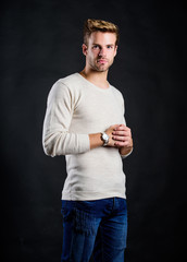 Status and reputation. Man well groomed handsome hipster wrist watch. Expensive luxury accessory....