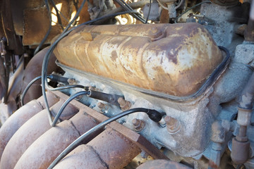 old rusty car engine motor close up