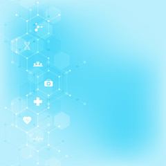 Abstract medical background with flat icons and symbols. Template design with concept and idea for healthcare technology, innovation medicine, health, science and research.