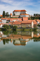 Naklejka na ściany i meble Ptuj town in Slovenia - beautiful view over the old town and castle in the sunny day