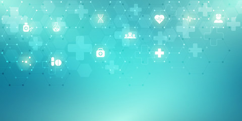 Abstract medical background with flat icons and symbols. Template design with concept and idea for healthcare technology, innovation medicine, health, science and research.