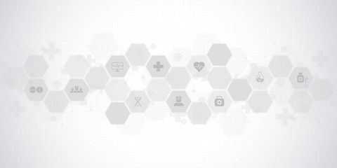 Abstract medical background with flat icons and symbols. Template design with concept and idea for healthcare technology, innovation medicine, health, science and research.