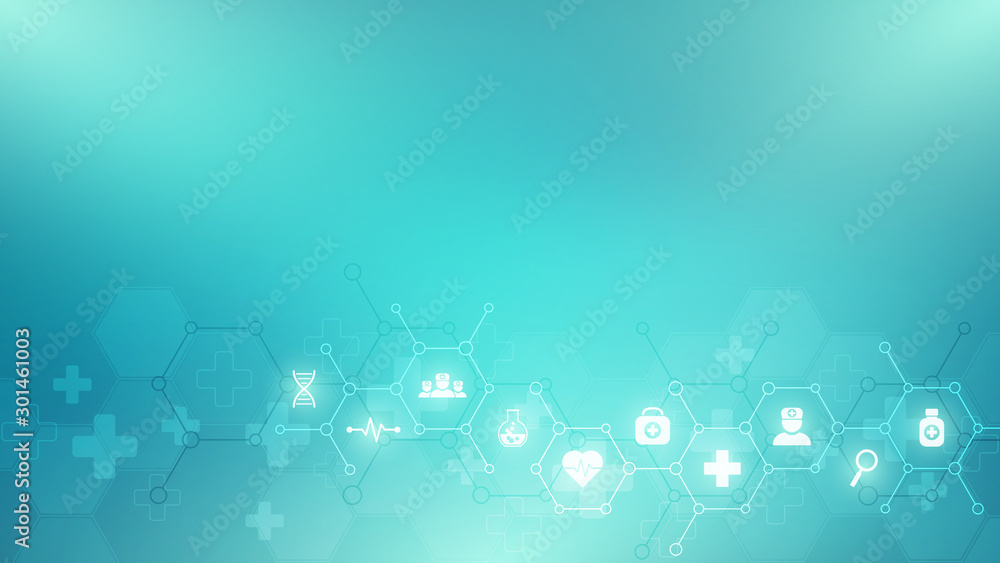 Poster abstract medical background with flat icons and symbols. template design with concept and idea for h