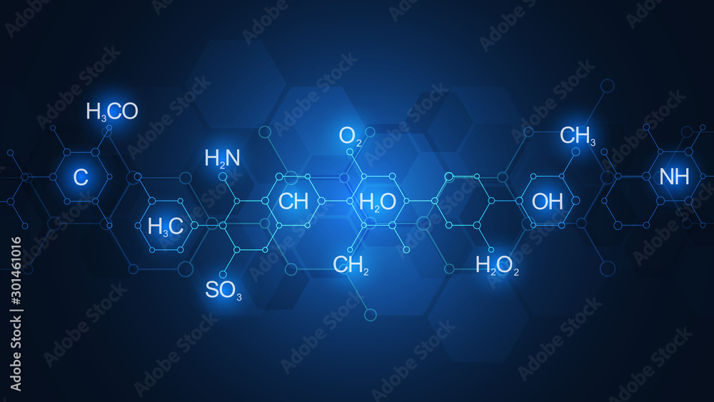 Wall mural abstract chemistry pattern on dark blue background with chemical formulas and molecular structures. 