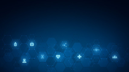 Healthcare and technology concept with flat icons and symbols. Template design for health care business, innovation medicine, science background, medical research.