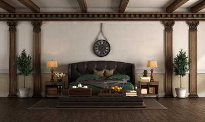 Retro style master bedroom with leather double bed