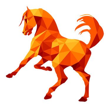 amber color, prancing horse, vector-isolated image on a white background in the style of  " low poly"
