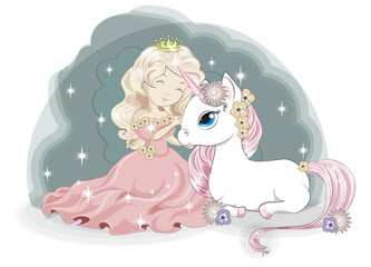 princess and white unicorn in flower