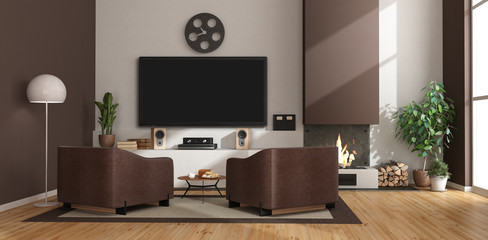 Modern living room with fireplace,armchairs and tv set - 3d rendering