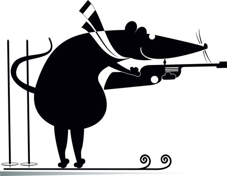 recommend clip art: Biathlon competitor rat or mouse black on white illustration. Shooting biathlon competitor cartoon rat or mouse original silhouette isolated 