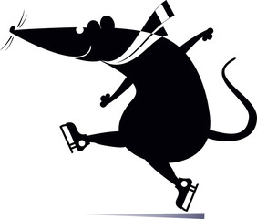 Cartoon rat or mouse a skater illustration. Funny rat or mouse is skating black on white illustration