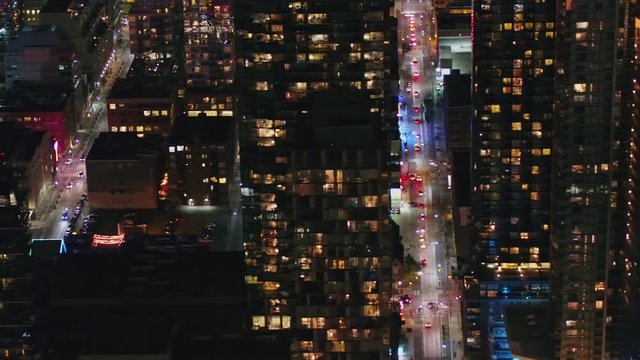 Toronto Ontario Aerial v68 Close up birdseye downtown cityscape at night - October 2017