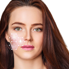 Infographic shows moisturizing effect on beautiful female face.