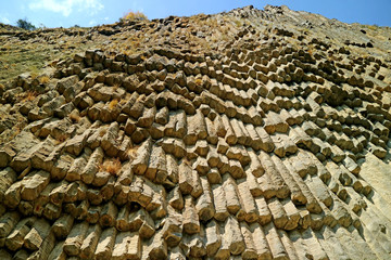 Stunning Low Angle View of the Symphony of Stones, Hexagon and Pentagon Shape Basalt Columns at Garni Gorge, Armenia