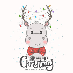Cute little hippo with deer horns, christmas garland, bow tie. Christmas card. New Year. Season's Greetings. Vector illustration