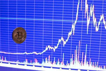 bitcoin shiner flying over blurry dark blue exchange graphic chart