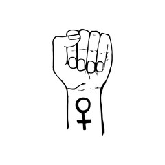 Hand drawn doodle illustration of fist. Women concept design. Symbols of feminism and body positivity movement.