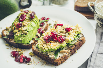 Healthy avocado toasts for breakfast or lunch