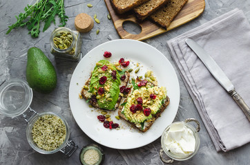 Healthy avocado toasts for breakfast or lunch