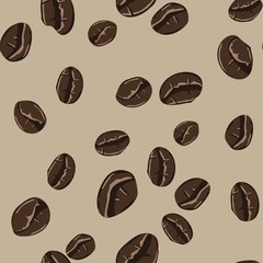 Coffee beans seamless pattern in abstract style. Vector hand drawing illustration. Roasted beans closeup. Coffee seamless pattern, great design for any purposes.