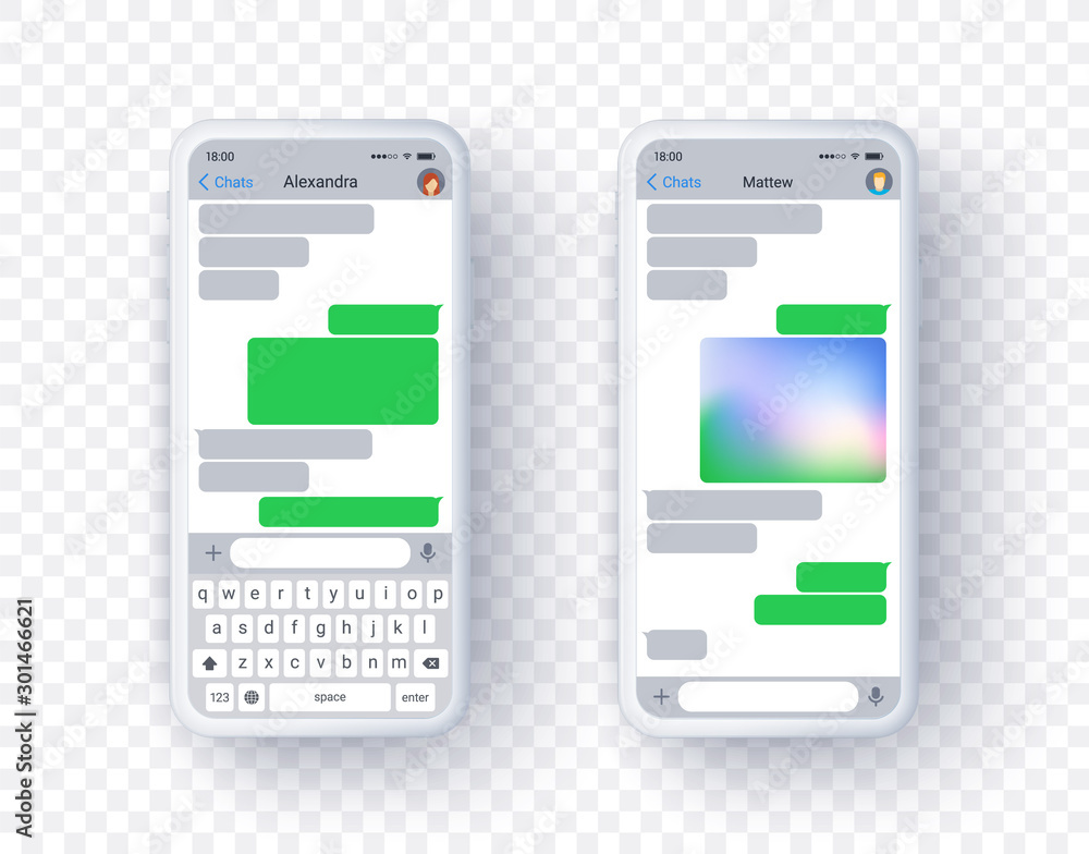 Aufkleber two screen of text app for mobile phone, messenger concept in light mode with grey and green bubble 