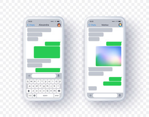 Fototapeta premium Two screen of text app for mobile phone, messenger concept in light mode with grey and green bubble construction and keyboard. Text balloon for your text and pictures. Message and sms screen app.