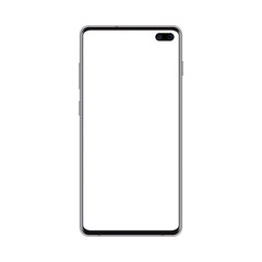 Black smartphone mockup with blank screen. Cell phone template with two cameras and big screen for showing web and app design. Vector realistic modern mobile device illustration on white.