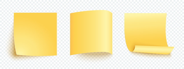 Yellow note sheet of paper set with different shadow. Blank post for message, to do list, memory. Set of vector notes isolated on transparent background.