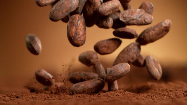 Super slow motion of falling group of roasted cocoa beans pieces. Filmed on high speed cinema camera, 1000fps.