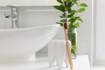 Bio-degradable, compostable bamboo toothbrushes in a tooth shape cup in a bathroom white interior. Green plant decor in background.