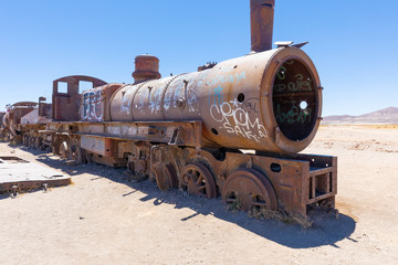 Bolivia Uyuni old steam locomotive with wagons